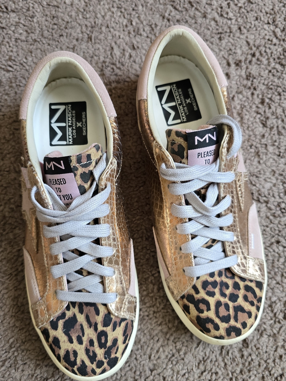 Skechers Pink and Rose Gold Leopard Accent Women's Sneakers - Picture 3 of 6